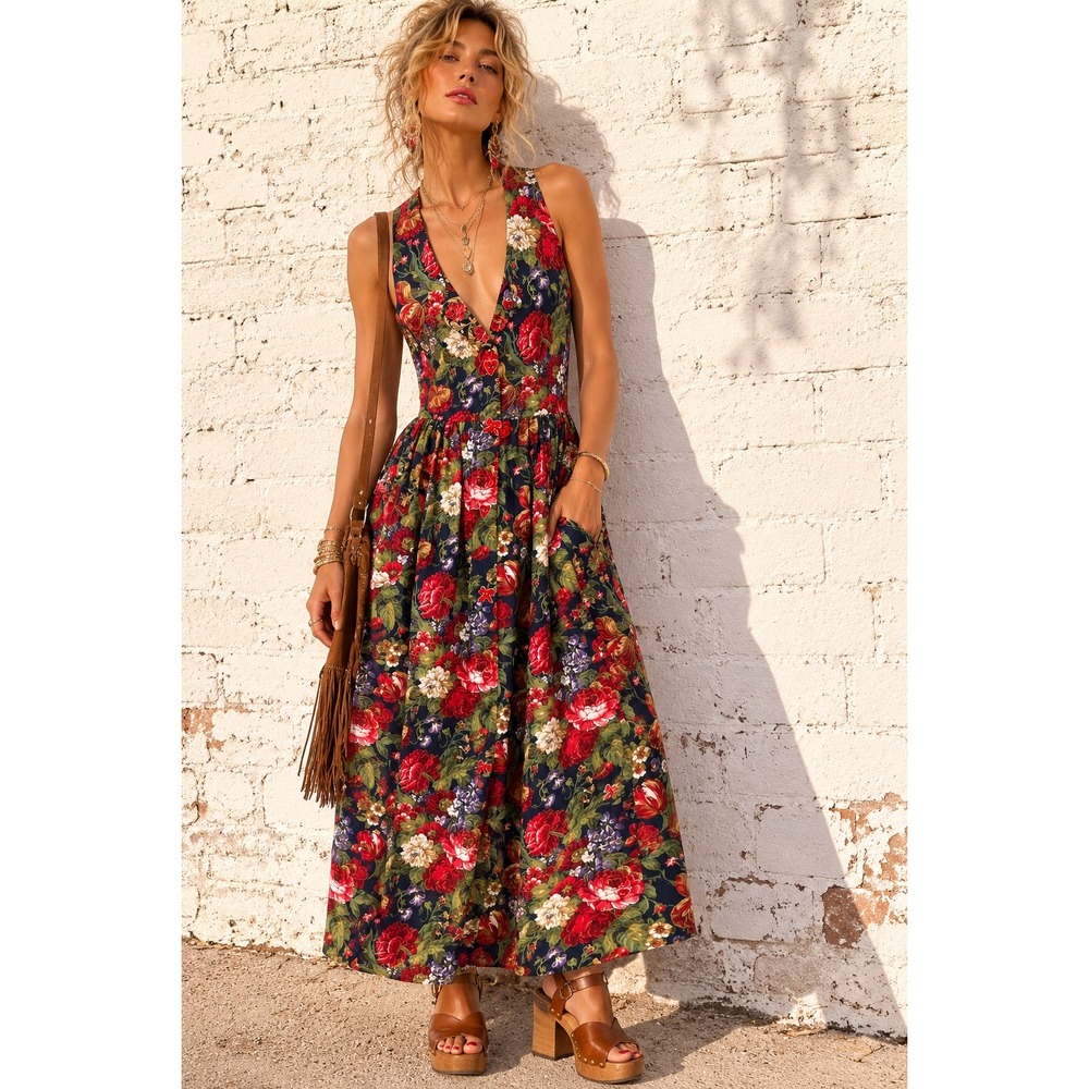 Dogwood Lane Navy Floral Cotton Maxi Dress Heart Buttons Vintage CottageCore‎ XS